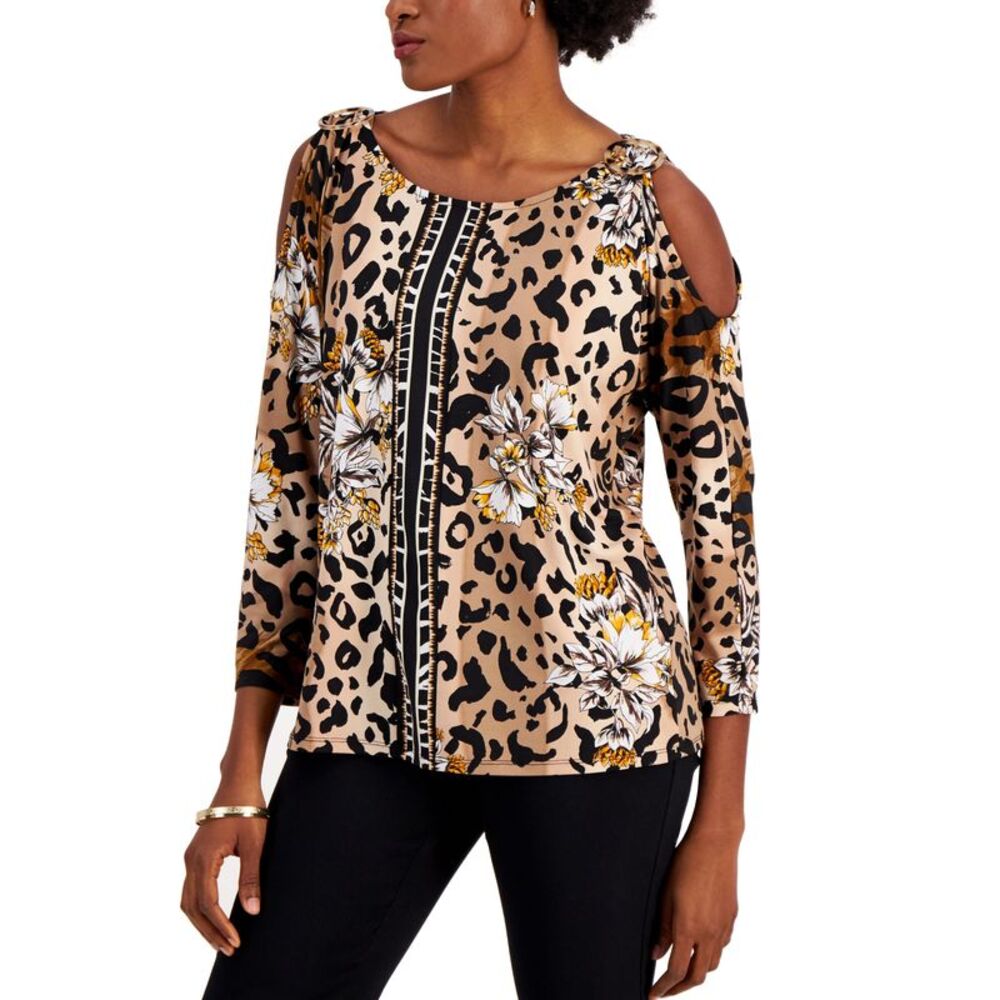 JM Collection Womens Cheetah Garden Cold Shoulder Top